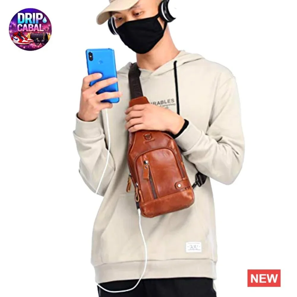 Genuine Leather Sling Bag with USB Charging Port Multi-pocket Chest Bag